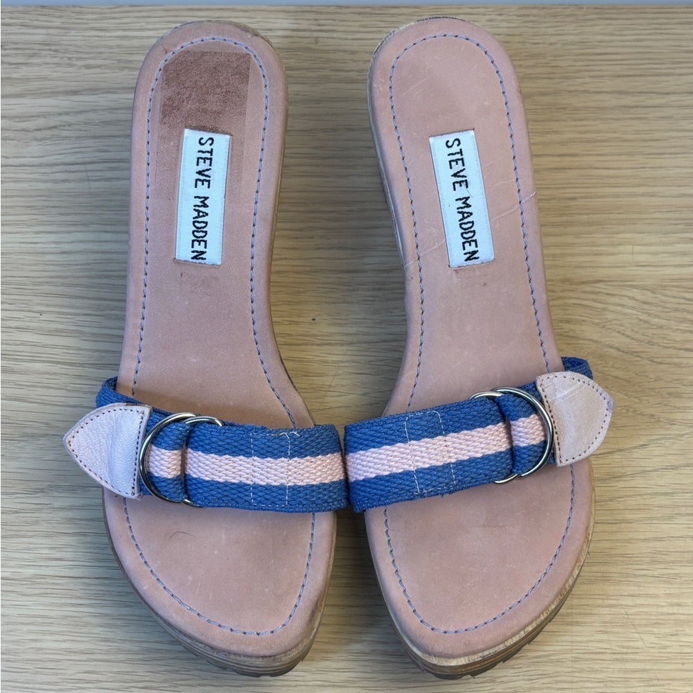 Steve‎ Madden Blue Pink Striped Canvas Wooden Block Heel Slide Sandals Womens 7